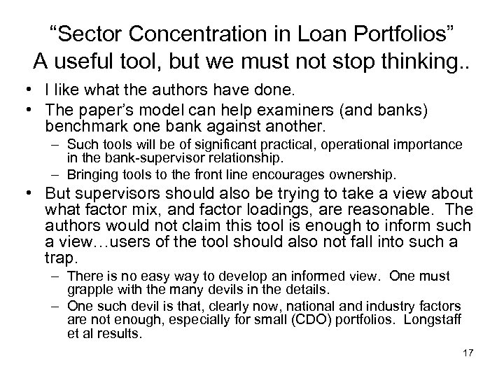 “Sector Concentration in Loan Portfolios” A useful tool, but we must not stop thinking.