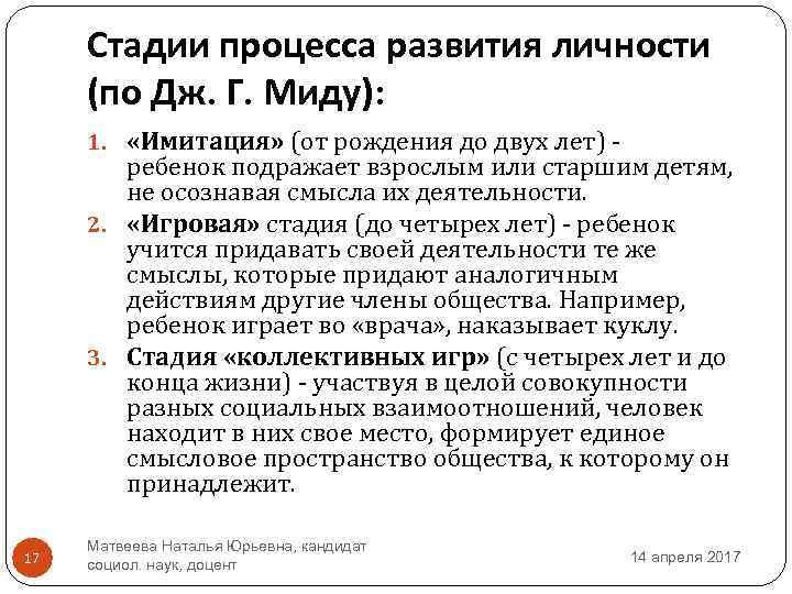 Стадии процесса развития личности (по Дж. Г. Миду): 1. «Имитация» (от рождения до двух