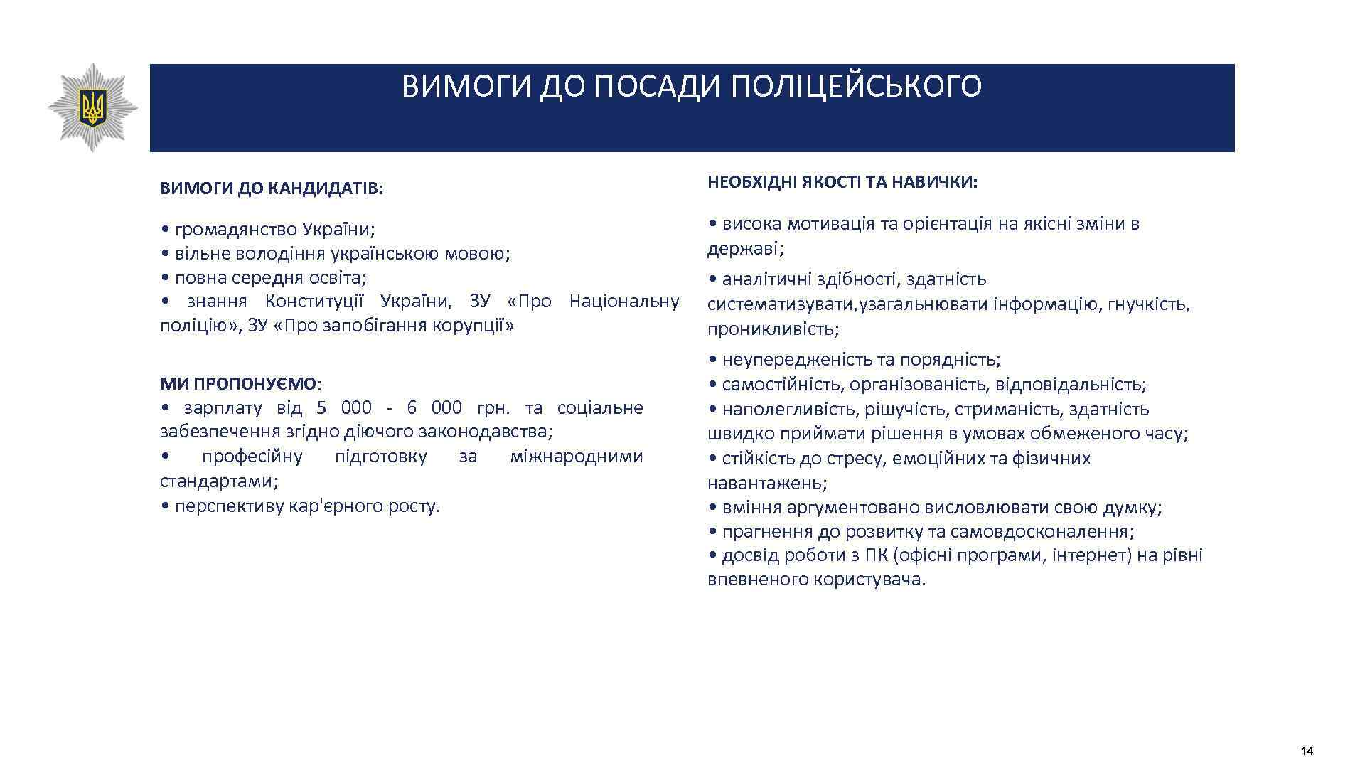 ВИМОГИ ДО ПОСАДИ ПОЛІЦЕЙСЬКОГО ВИМОГИ ДО КАНДИДАТІВ: НЕОБХІДНІ ЯКОСТІ ТА НАВИЧКИ: • громадянство України;