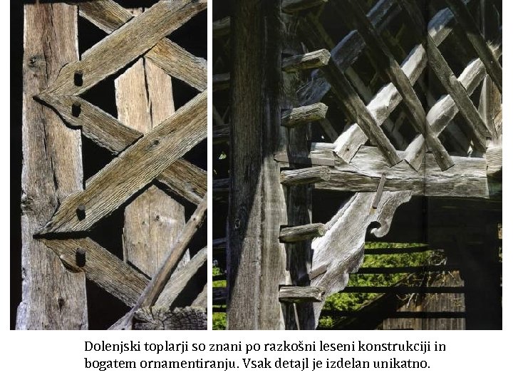 Dolenjski toplarji so znani po razkošni leseni konstrukciji in bogatem ornamentiranju. Vsak detajl je