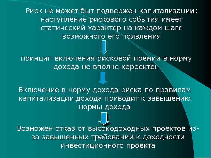 Риск не может быт подвержен капитализации: наступление рискового события имеет статический характер на каждом