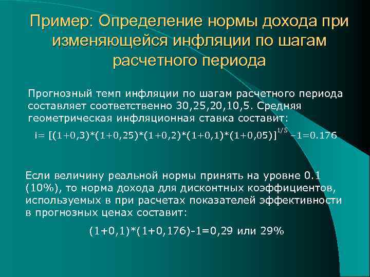 Пример: Определение нормы дохода при изменяющейся инфляции по шагам расчетного периода Прогнозный темп инфляции