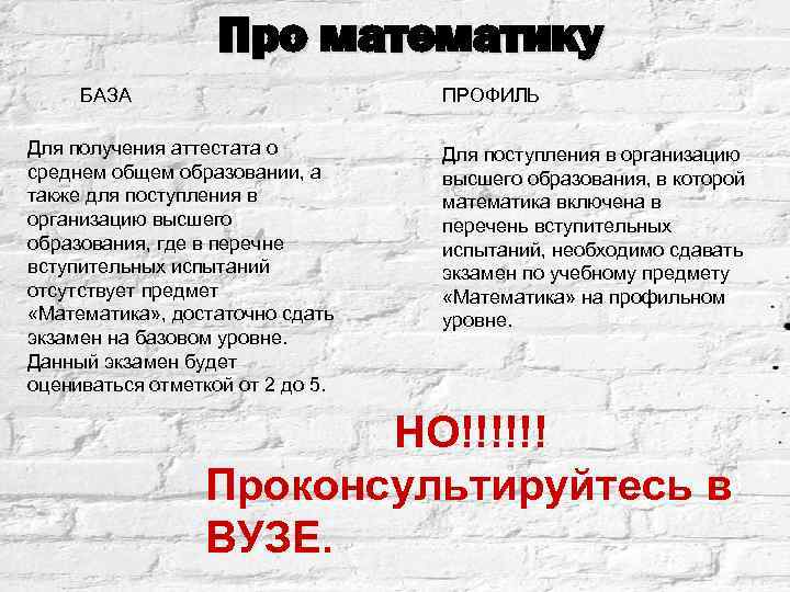 Про математику БАЗА ПРОФИЛЬ Для получения аттестата о среднем общем образовании, а также для