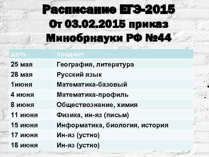 Расписание ЕГЭ-2015 От 03. 02. 2015 приказ Минобрнауки РФ № 44 дата предмет 25