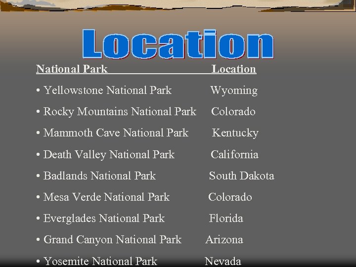 National Park Location • Yellowstone National Park Wyoming • Rocky Mountains National Park Colorado