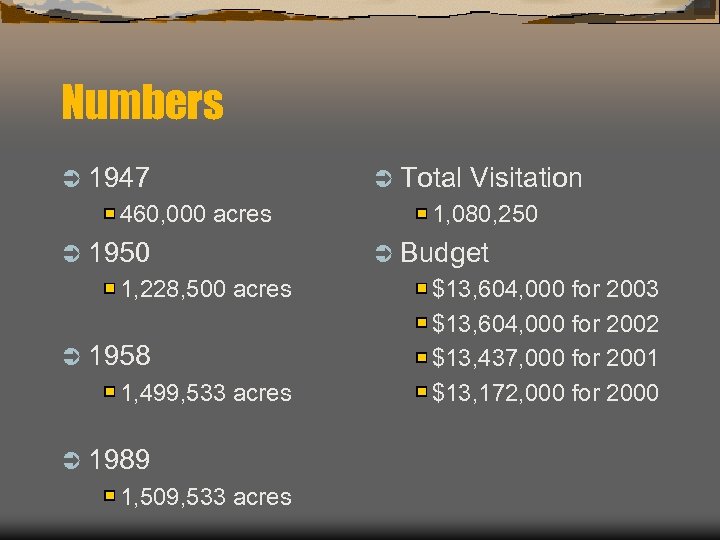 Numbers Ü 1947 460, 000 acres Ü 1950 1, 228, 500 acres Ü 1958