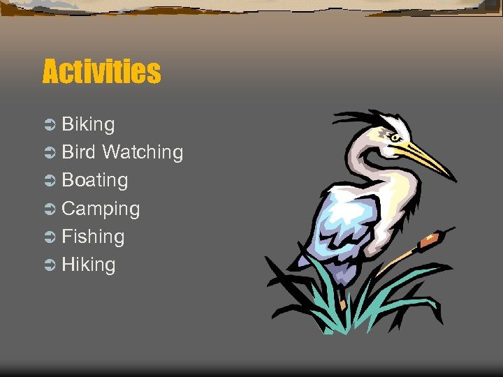 Activities Ü Biking Ü Bird Watching Ü Boating Ü Camping Ü Fishing Ü Hiking