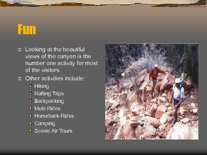 Fun Looking at the beautiful views of the canyon is the number one activity