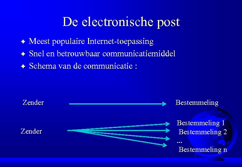 De electronische post F F F Meest populaire Internet-toepassing Snel en betrouwbaar communicatiemiddel Schema