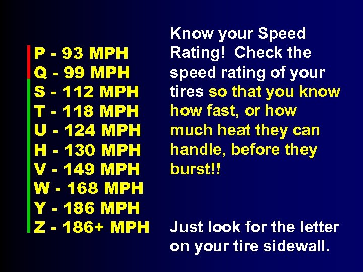 P - 93 MPH Q - 99 MPH S - 112 MPH T -