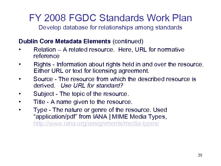 FY 2008 FGDC Standards Work Plan Develop database for relationships among standards Dublin Core