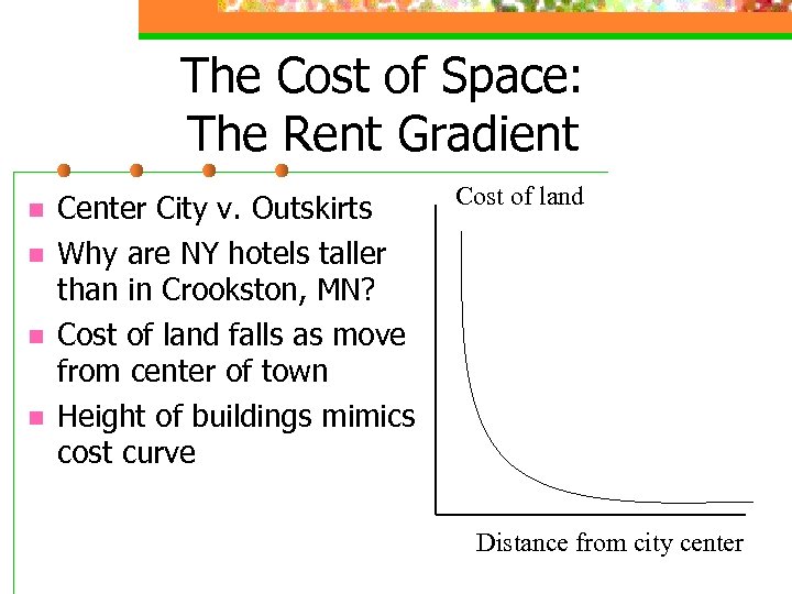 The Cost of Space: The Rent Gradient n n Center City v. Outskirts Why