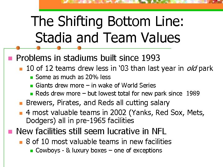 The Shifting Bottom Line: Stadia and Team Values n Problems in stadiums built since