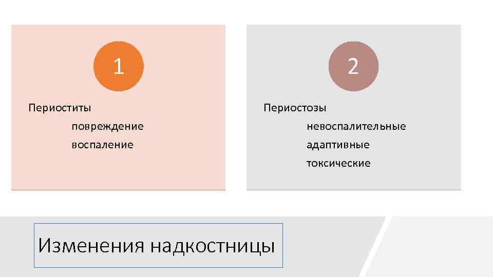 1 Периоститы повреждение воспаление 2 Периостозы невоспалительные адаптивные токсические Изменения надкостницы 