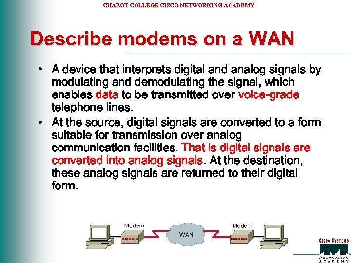 CHABOT COLLEGE CISCO NETWORKING ACADEMY Describe modems on a WAN • A device that