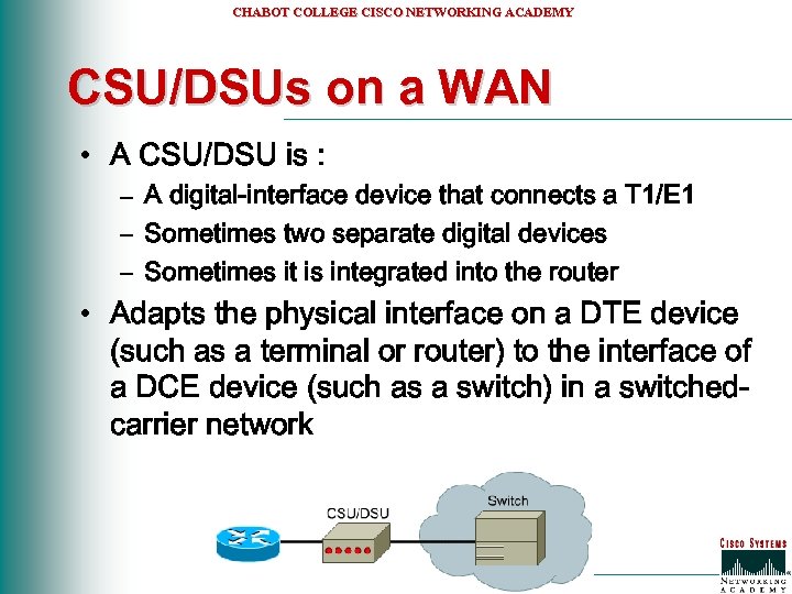 CHABOT COLLEGE CISCO NETWORKING ACADEMY CSU/DSUs on a WAN • A CSU/DSU is :