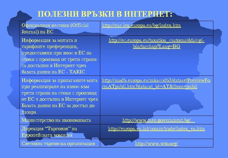 ПОЛЕЗНИ ВРЪЗКИ В ИНТЕРНЕТ: Официалния вестник (Official Journal) на ЕС Информация за митата и