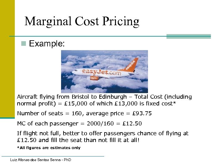 Marginal Cost Pricing n Example: Aircraft flying from Bristol to Edinburgh – Total Cost