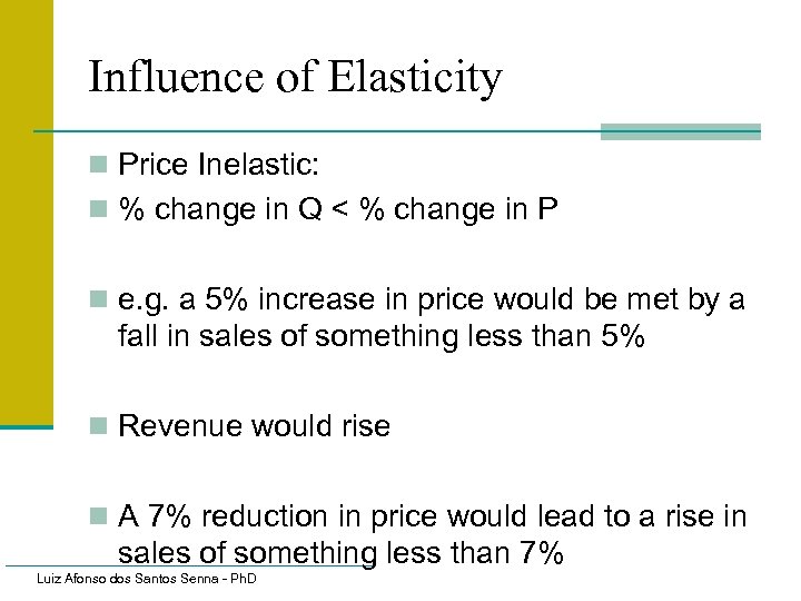 Influence of Elasticity n Price Inelastic: n % change in Q < % change