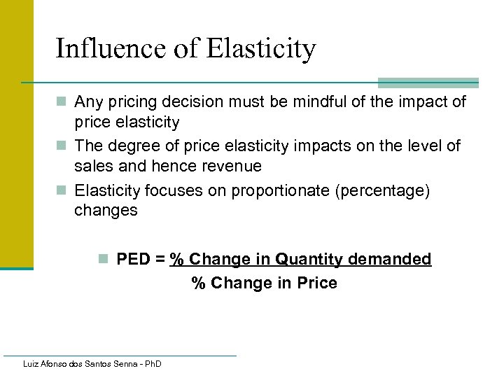 Influence of Elasticity n Any pricing decision must be mindful of the impact of