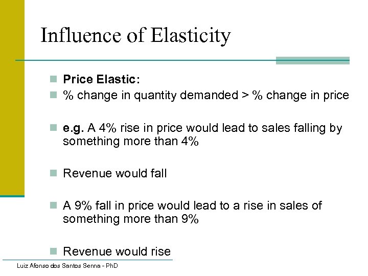 Influence of Elasticity n Price Elastic: n % change in quantity demanded > %
