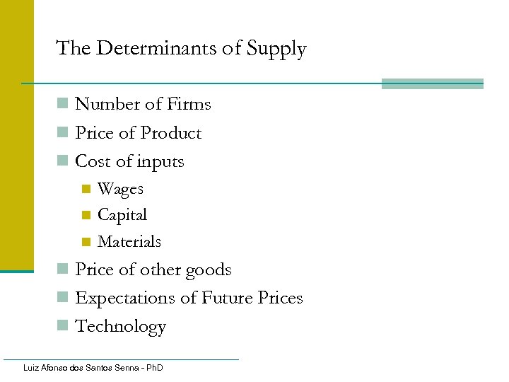 The Determinants of Supply n Number of Firms n Price of Product n Cost