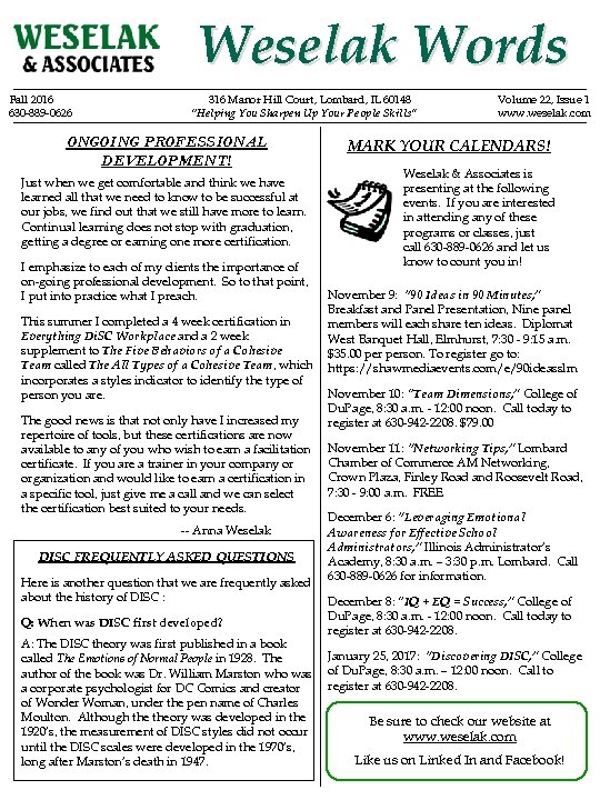 Weselak Words Fall 2016 630 -889 -0626 316 Manor Hill Court, Lombard, IL 60148