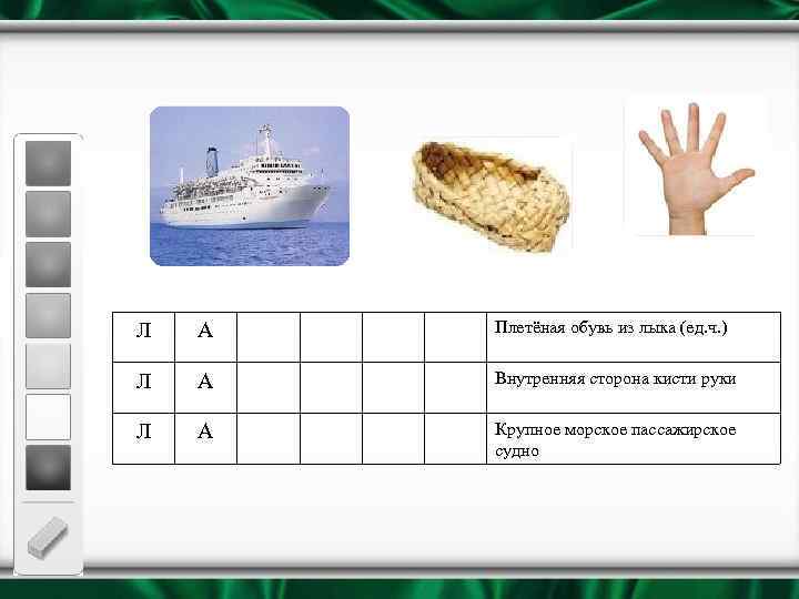 Л А Плетёная обувь из лыка (ед. ч. ) Л А Внутренняя сторона кисти