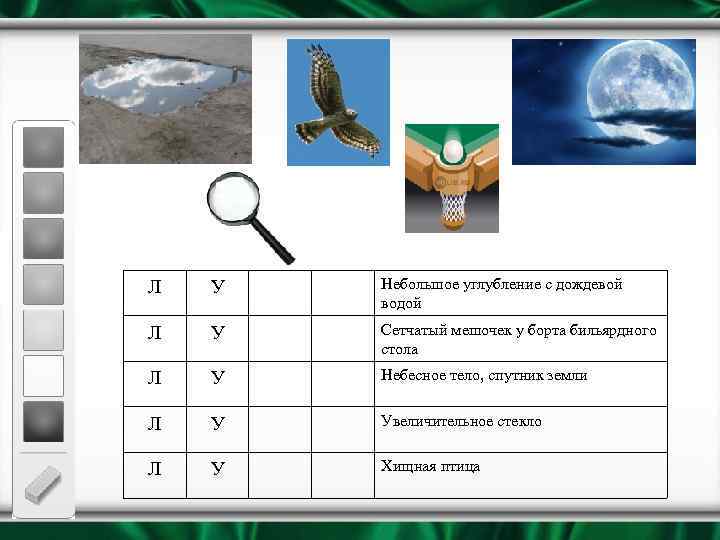 Л У Небольшое углубление с дождевой водой Л У Сетчатый мешочек у борта бильярдного