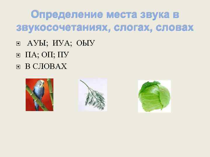 Определение места звука в звукосочетаниях, слогах, словах АУЫ; ИУА; ОЫУ ПА; ОП; ПУ В