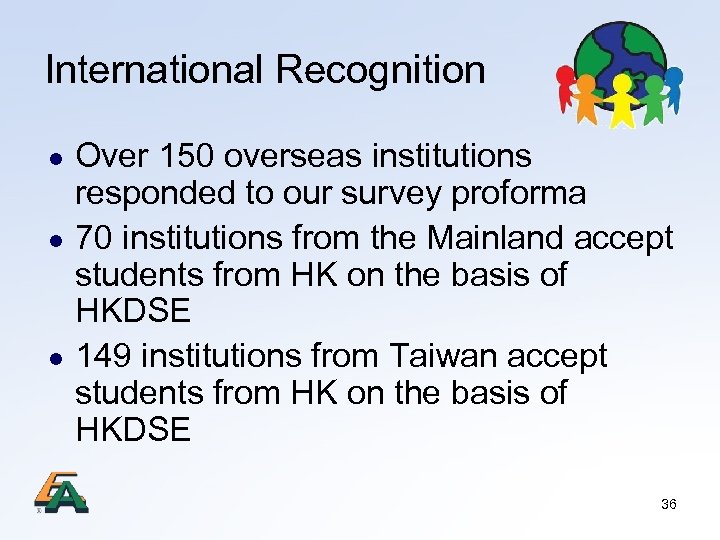 International Recognition l l l Over 150 overseas institutions responded to our survey proforma