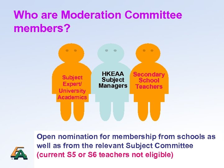 Who are Moderation Committee members? Subject Expert/ University Academics HKEAA Secondary Subject School Managers