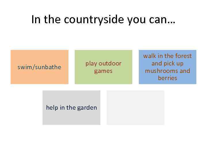 In the countryside you can… swim/sunbathe play outdoor games help in the garden walk