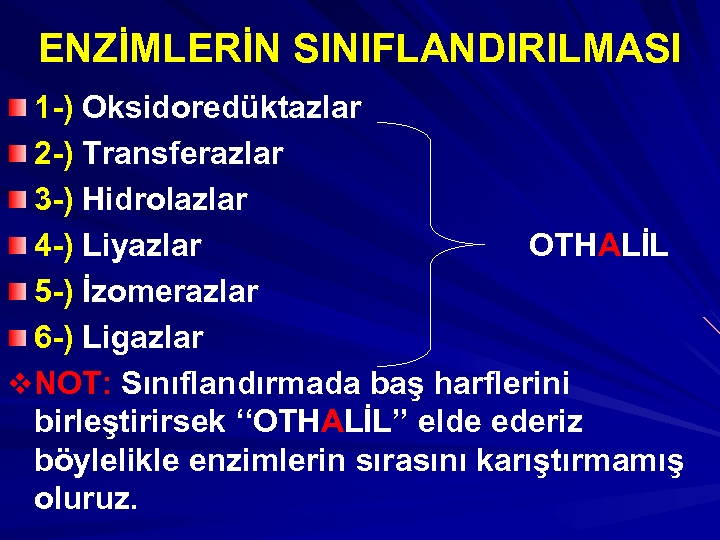 ENZİMLERİN SINIFLANDIRILMASI 1 -) Oksidoredüktazlar 2 -) Transferazlar 3 -) Hidrolazlar 4 -) Liyazlar