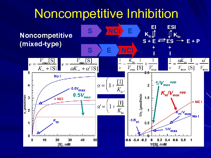 Noncompetitive Inhibition Noncompetitive (mixed-type) S S NCI E E NCI EI Kic S+E +