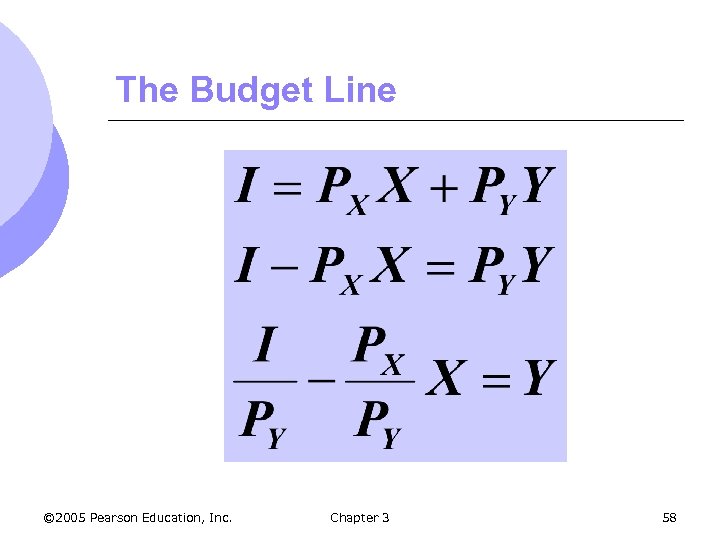 The Budget Line © 2005 Pearson Education, Inc. Chapter 3 58 