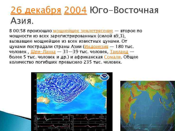 26 декабря 2004 Юго-Восточная Азия. В 00: 58 произошло мощнейшее землетрясение — второе по