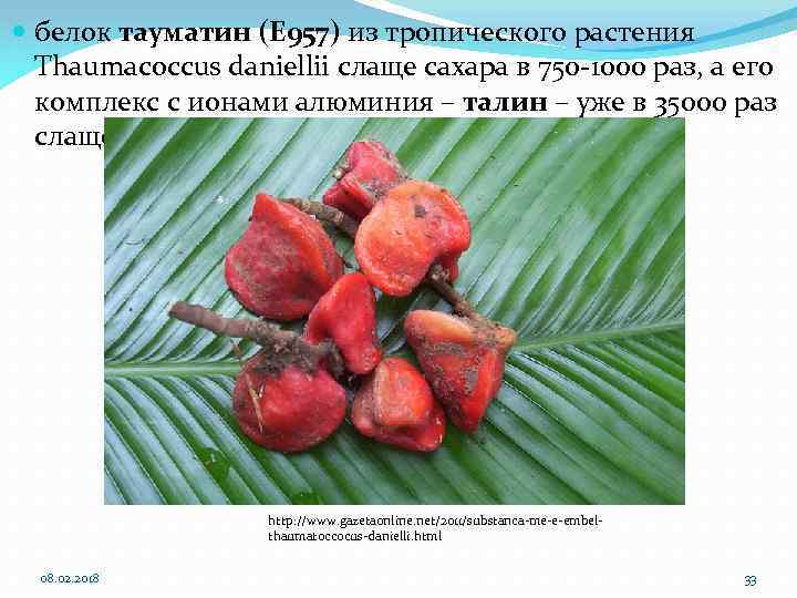  белок тауматин (E 957) из тропического растения Thaumacoccus daniellii слаще сахара в 750