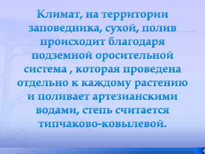 Климат, на территории заповедника, сухой, полив происходит благодаря подземной оросительной система , которая проведена
