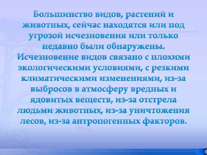 Большинство видов, растений и животных, сейчас находятся или под угрозой исчезновения или только недавно
