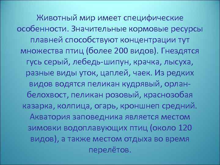 Животный мир имеет специфические особенности. Значительные кормовые ресурсы плавней способствуют концентрации тут множества птиц