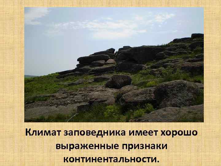 Климат заповедника имеет хорошо выраженные признаки континентальности. 