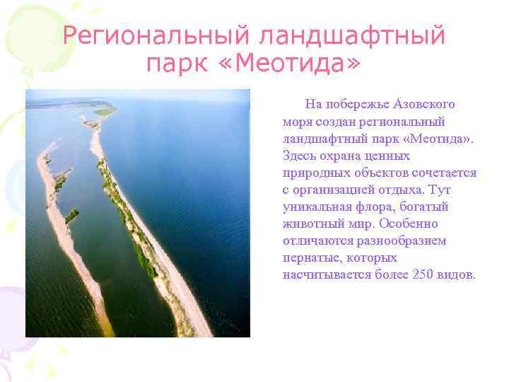Региональный ландшафтный парк «Меотида» На побережье Азовского моря создан региональный ландшафтный парк «Меотида» .