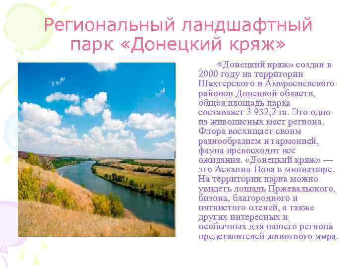 Региональный ландшафтный парк «Донецкий кряж» создан в 2000 году на территории Шахтерского и Амвросиевского