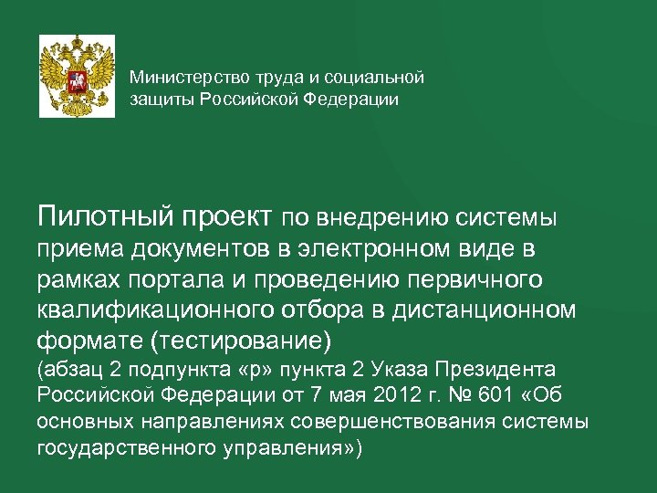 Министерство труда и социальной защиты Российской Федерации Пилотный проект по внедрению системы приема документов