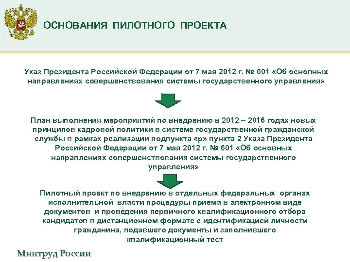 ОСНОВАНИЯ ПИЛОТНОГО ПРОЕКТА Указ Президента Российской Федерации от 7 мая 2012 г. № 601