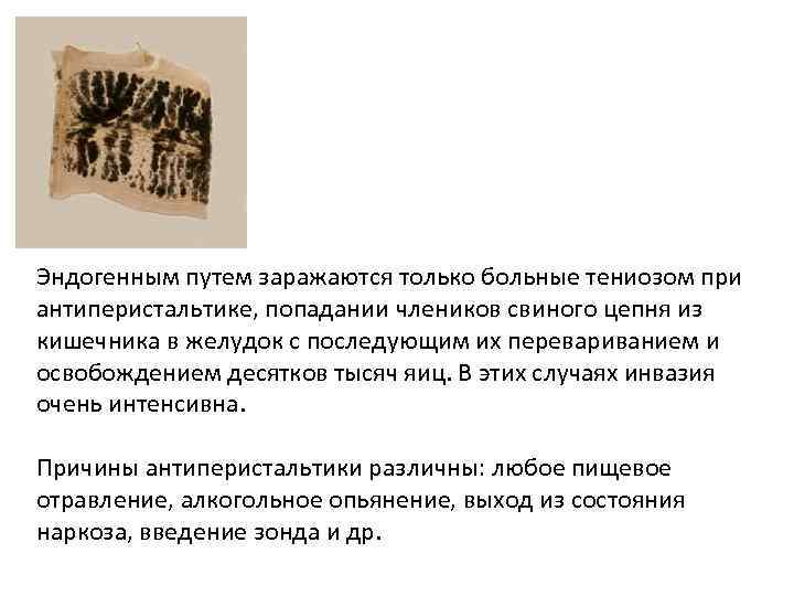Эндогенным путем заражаются только больные тениозом при антиперистальтике, попадании члеников свиного цепня из кишечника