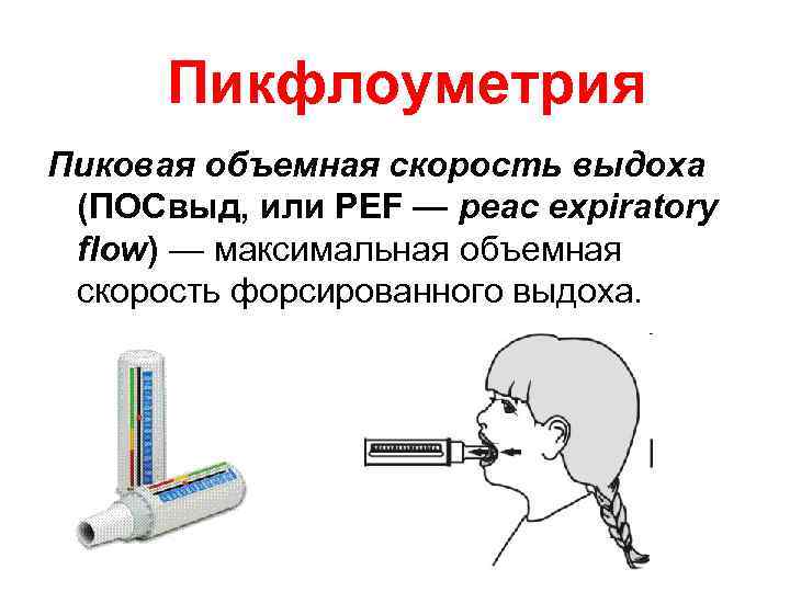 Пикфлоуметрия Пиковая объемная скорость выдоха (ПОСвыд, или PEF — peac expiratory flow) — максимальная