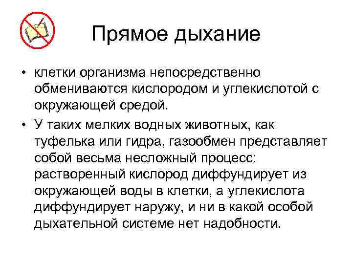 Прямое дыхание • клетки организма непосредственно обмениваются кислородом и углекислотой с окружающей средой. •