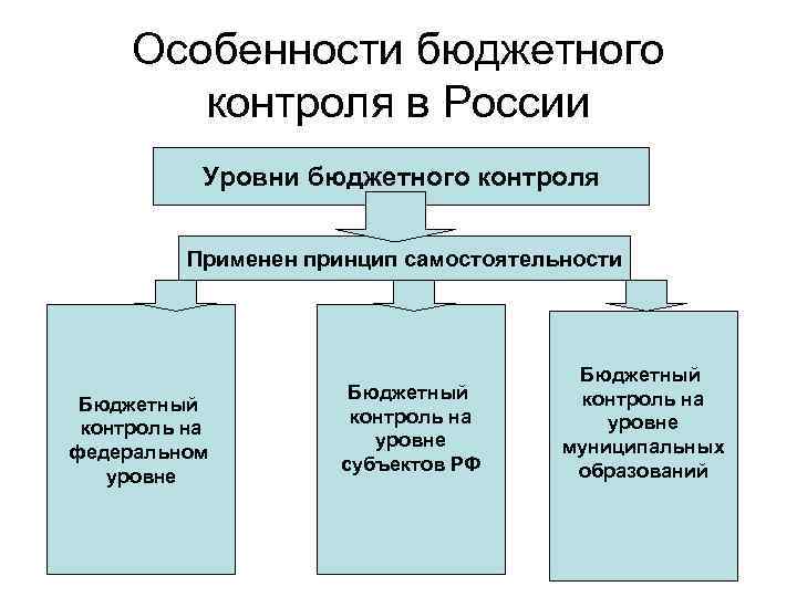 Особенности бюджетного контроля в России Уровни бюджетного контроля Применен принцип самостоятельности Бюджетный контроль на